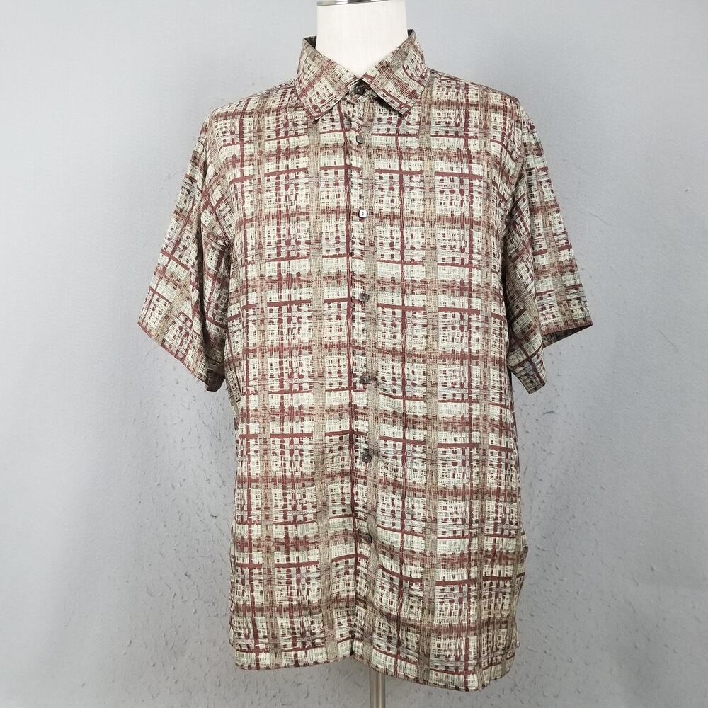 Murano Silk Shirt Mens XL Brown Red Abstract Geometric Pattern Button Front